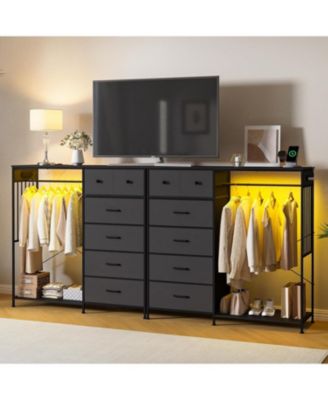 6 Drawers Dresser for Bedroom with Hanging Rack, LED Lights & Charging Station, Wooden Top Storage Chest of Drawers