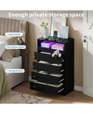 4 Drawer Double Dresser with Power Outlet, Accent Chests of Drawers with LED Light, Modern White Storage Dresser with Charging