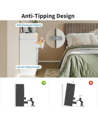 4 Drawer Double Dresser with Power Outlet, Accent Chests of Drawers with LED Light, Modern White Storage Dresser with Charging
