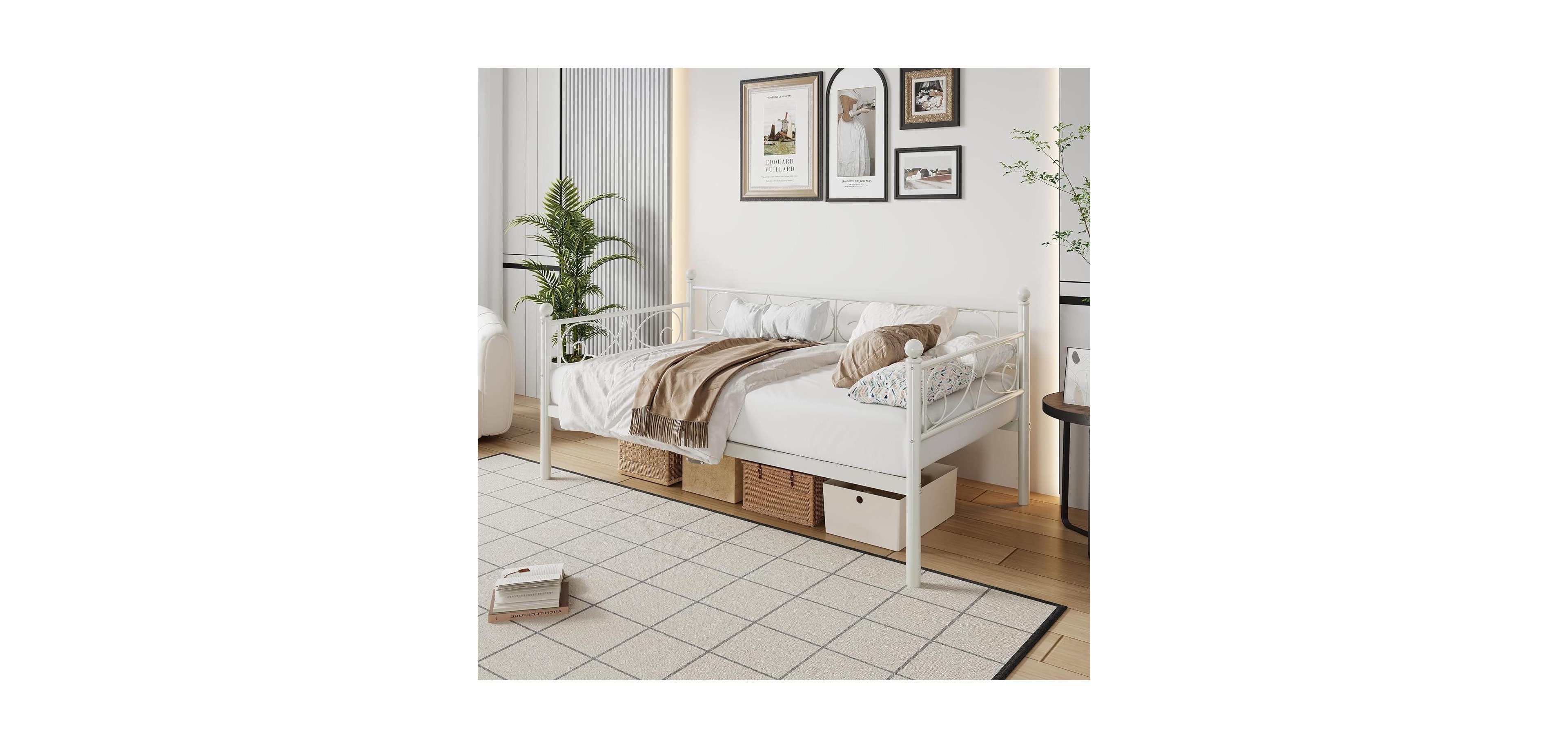 gaomon Metal Daybed Frame with Floral Headboard, Steel Slats, Space-Saving