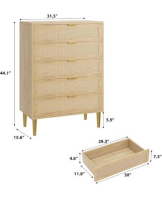 Rattan 5 Drawer Tall Dresser, Narrow Wooden Chest with Metal Legs & Handles for Bedroom