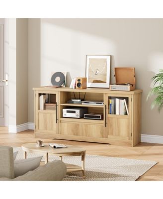 TV Stand for 75 Inch TVs, Retro Media Console with Glass Cabinets & Open Shelves, Farmhouse Modern Entertainment Center