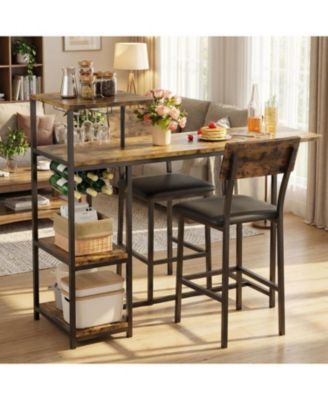 Bar Table and Chairs Set for 2, 3 Piece Breakfast Nook with Storage Shelves, Cup Holder, Wine Rack & PU Leather Bar Stools