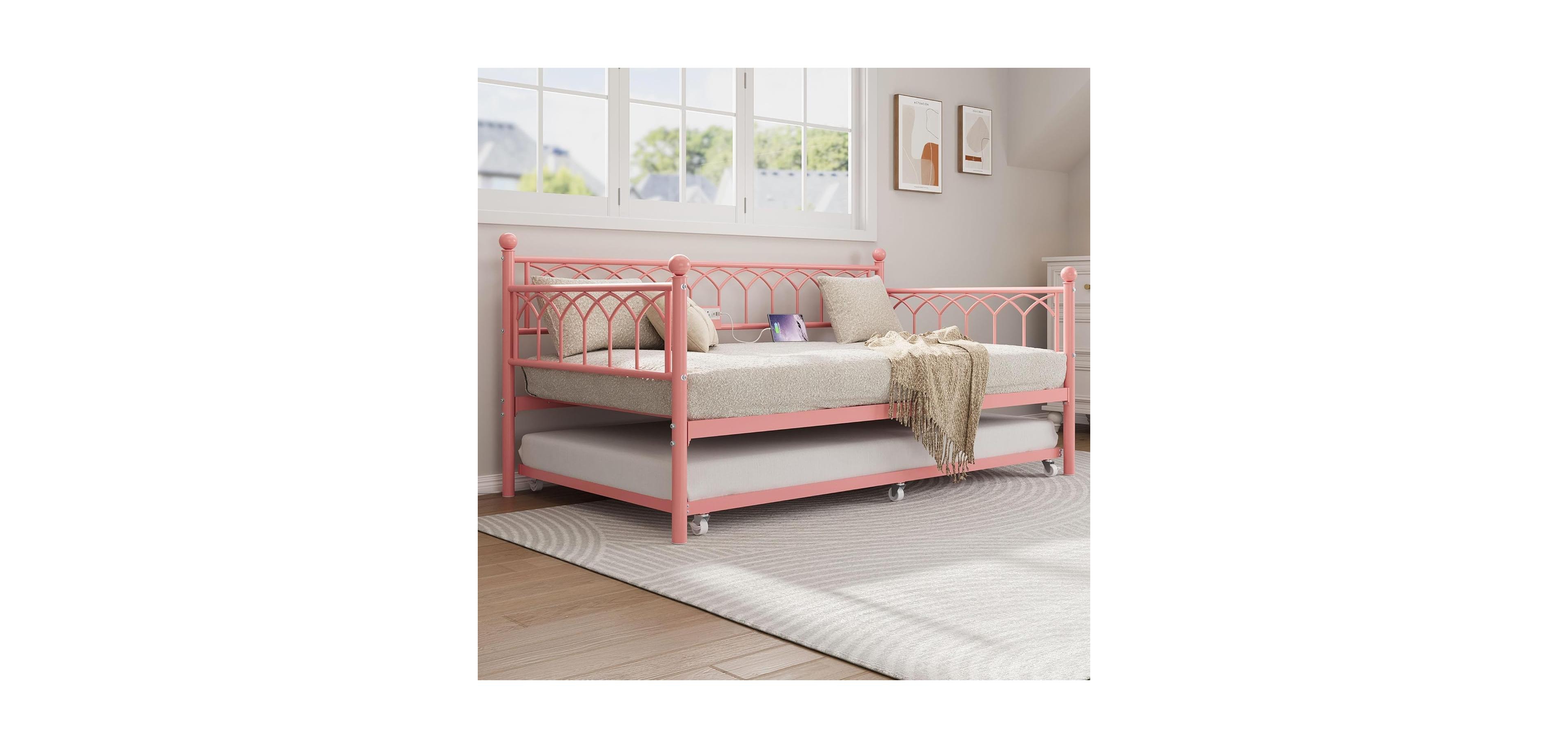 gaomon Twin Daybed with Trundle, Metal Trundle Bed with Charging Station & Led Lights