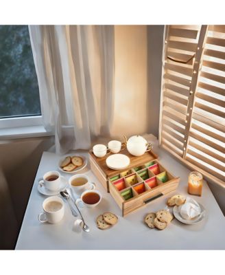 12-Compartment Wood Tea Bag Organizer with Drawer