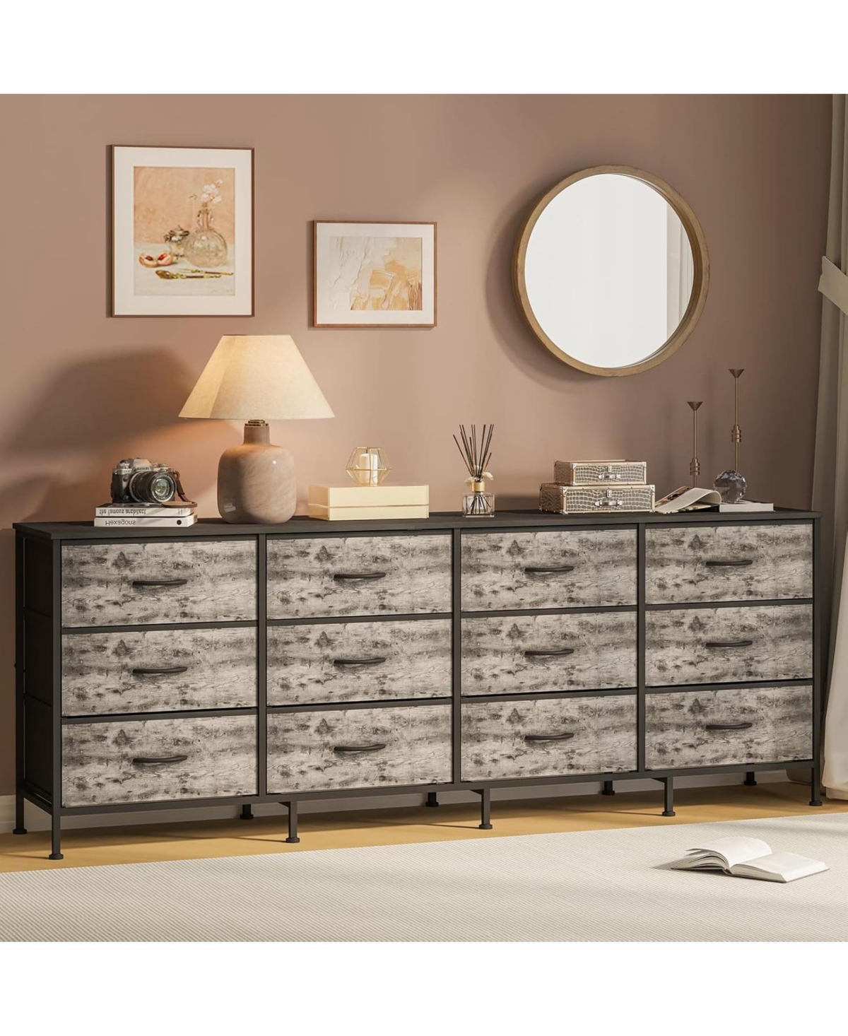 gaomon 70" Bedroom Dresser with 12 Fabric Drawers, Extra-Wide Storage Chest & Tv Stand for 65–80" TVs with Built-In Charging Station