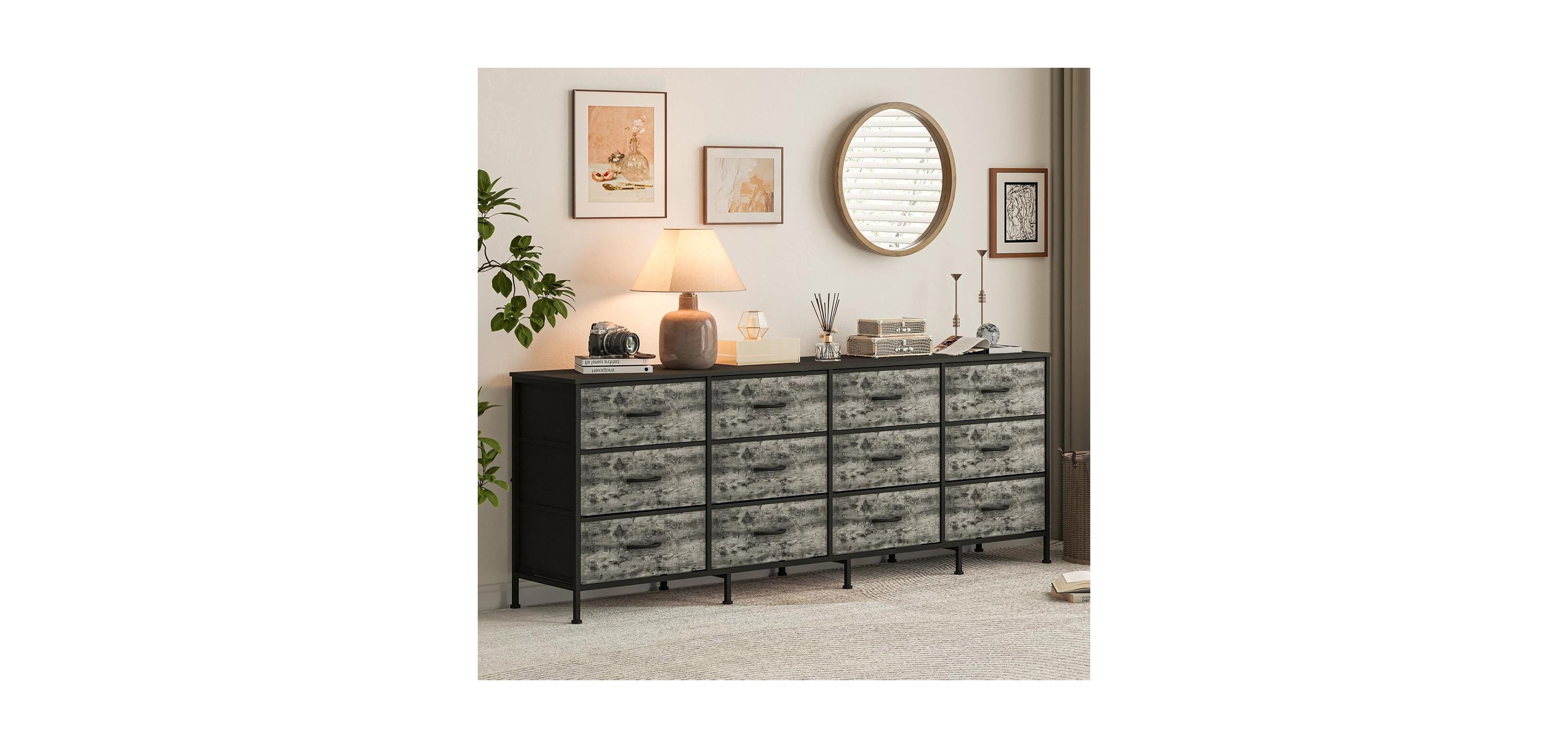 gaomon 70" Bedroom Dresser with 12 Fabric Drawers, Extra-Wide Storage Chest & Tv Stand for 65–80" TVs with Built-In Charging Station