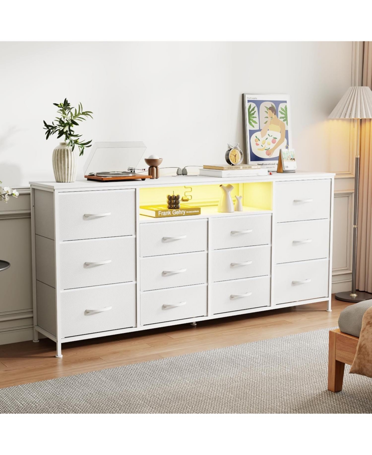 gaomon 63" Dresser Tv Stand for 65–75 Inch TVs, Fabric Chest of Drawers with Charging Station, Led Lights, Open Shelves & 12 Drawers