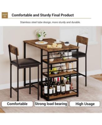 3Pcs Dining Table Set for 2, Kitchen Table and Chairs for 2 with 3 Storage Shelves, Pu Cushion Chairs & Thick Wood Top, 3Pcs Dining Table Set