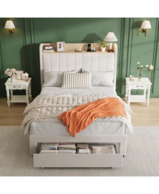 Bed Frame with Storage Headboard, Wooden full Bed Frame with Charging Station, Metal Platform BedFrame with Large Drawers
