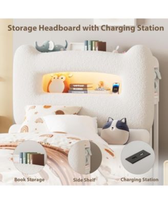 LED Full Bed Frame with 2-Tier Storage Headboard, Upholstered Platform Bed with Charging Station and Drawer, No Box Spring Needed