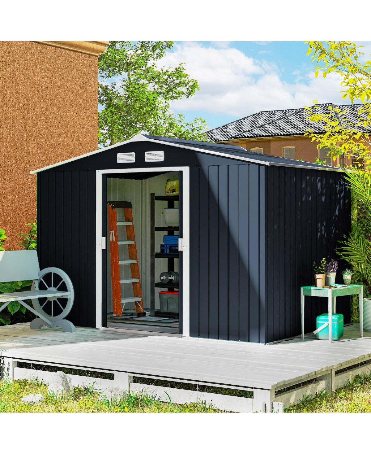 Outsunny 9' x 6' Storage Shed Garden Tool House w/ Vents Doors Dark