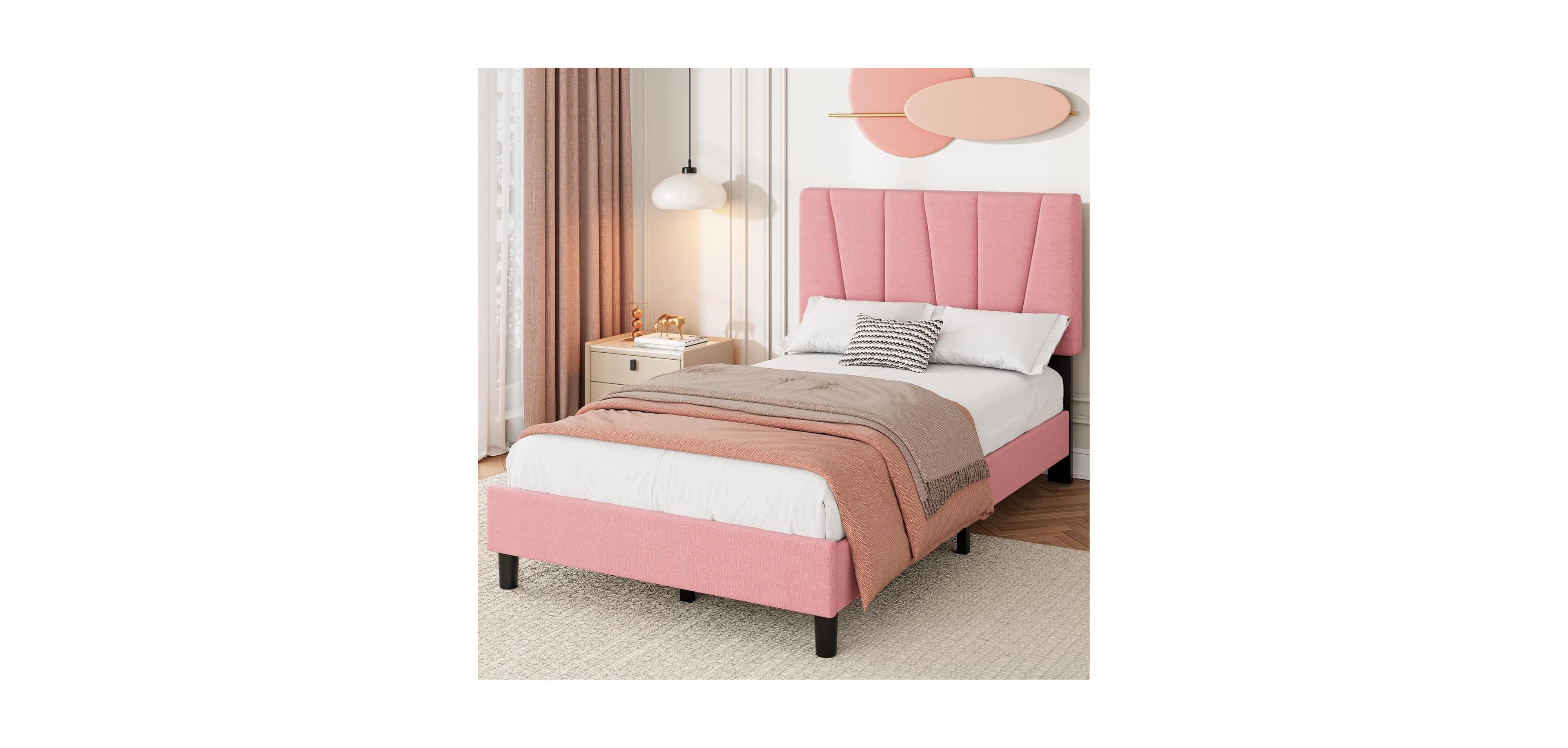 gaomon Twin Platform Bed Frame with Upholstered Fabric Headboard, Wooden Slat Support, No Box Spring Needed, Easy Assembly for Bedroom