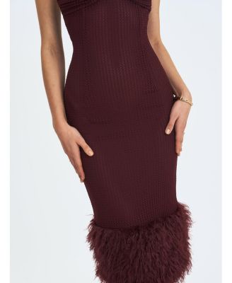 Women's Pluma Maroon Halter Faux-Fur Trimmed Midi Dress