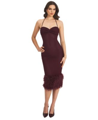 Women's Pluma Maroon Halter Faux-Fur Trimmed Midi Dress