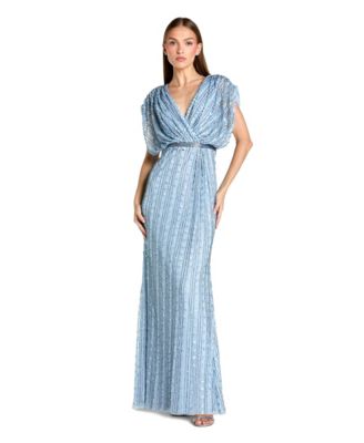 Women's Beaded Mesh Blouson V Neck Column Gown