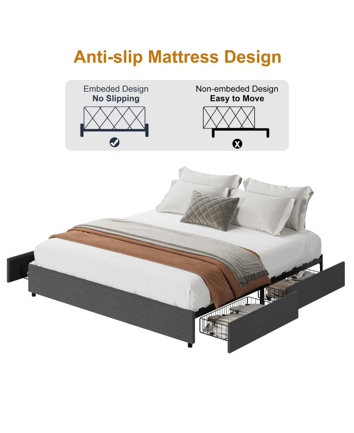 gaomon Full Platform Bed Frame with 4 Storage Drawers, No Fixed Headboard