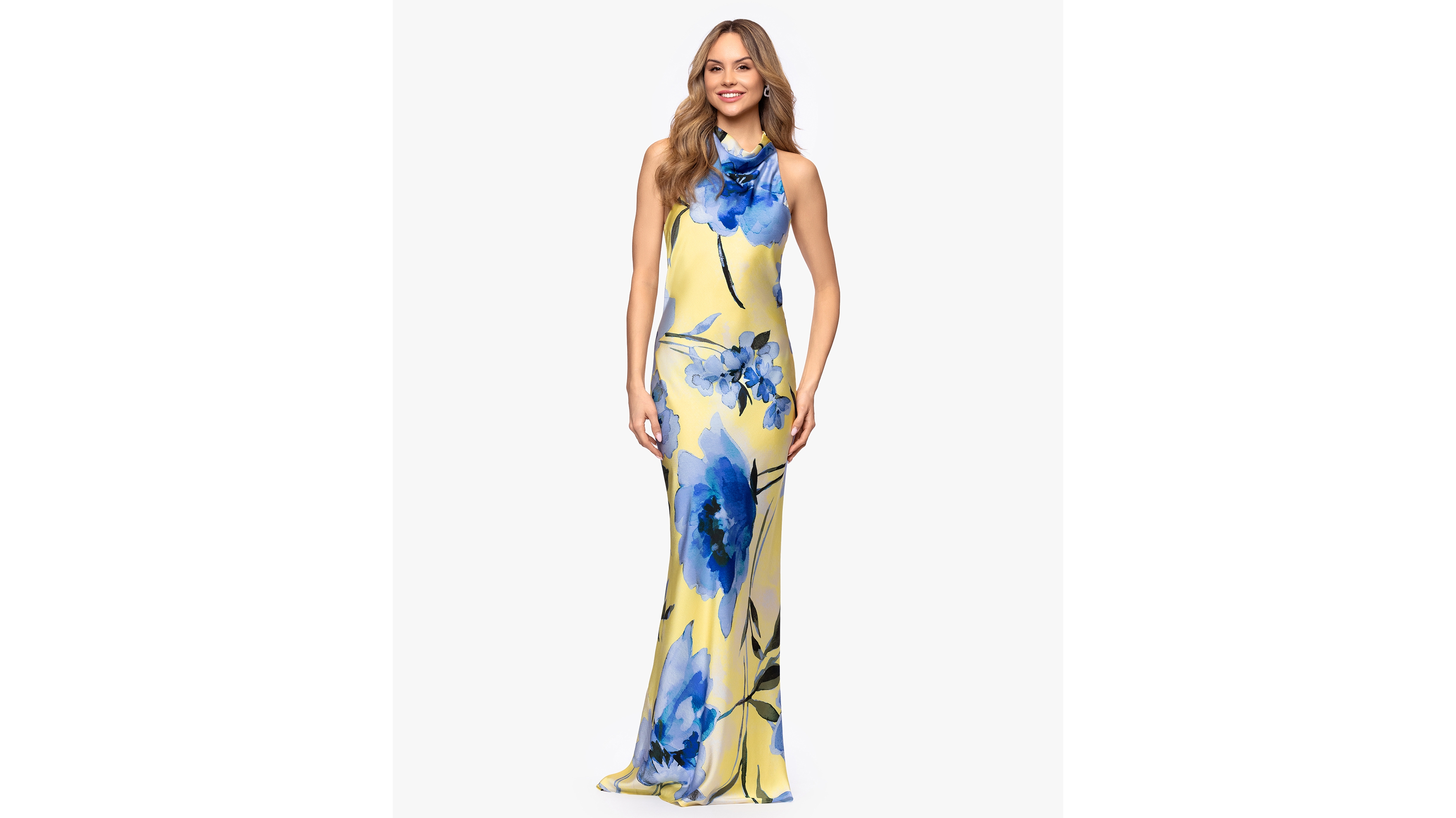 Betsy & Adam Women's Cowl Neck Printed Ball Gown