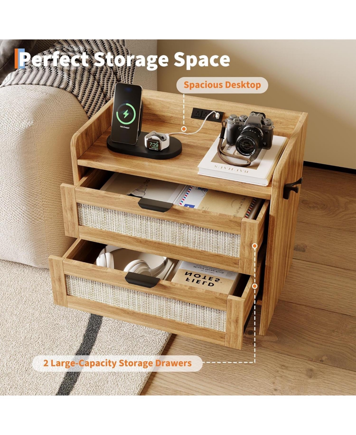 gaomon Rattan Bedside Table Nightstand, 2 Drawer, 1 Pcs Cabinet, Bedroom Organizer and Storage Cabinet