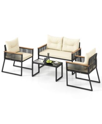 Set Of 4 Patio Furniture Set w/Tempered Glass Coffee Table PE Wicker Rattan Chairs