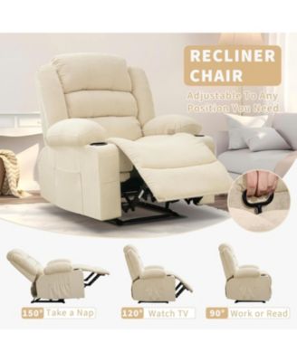 Recliner Chair, Comfy Overstuffed Chair with 3 Reclining Positions, 2 Side Pockets, 2 Front Pockets, Cup Holder