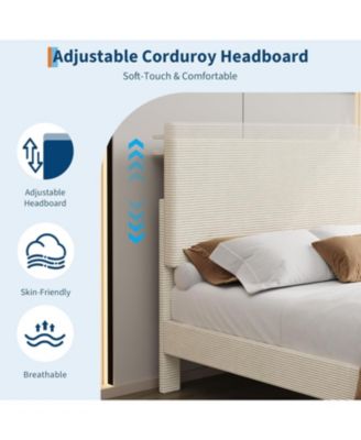 Twin Size Bed Frame with USB Charging Station, Corduroy Upholstered Platform Bed with Adjustable Storage Headboard and Wooden Slat Support