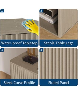 Fluted Nightstands Set 2, Side Tables with Charging Station & LED Light, Modern Mid Century End Table with Drawer
