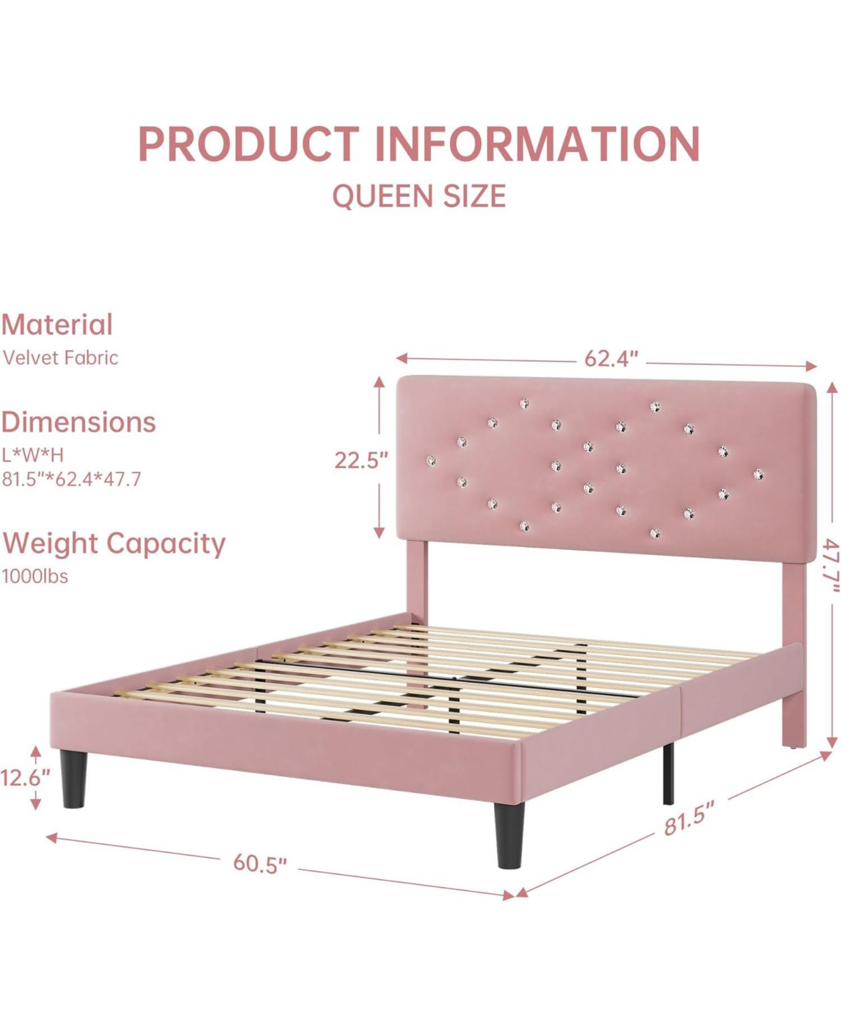 gaomon Upholstered Wooden Bed Frame with Headboard and Crystal Diamond Tufting, Easy Assembly Platform