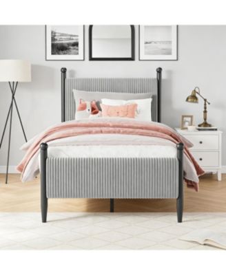 Twin Upholstered Bed Frame with Velvet Headboard, Corduroy Platform, No Box Spring
