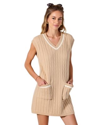 Women's Cable Knit Sleeveless V-Neck Contrast Stripe Mini Dress