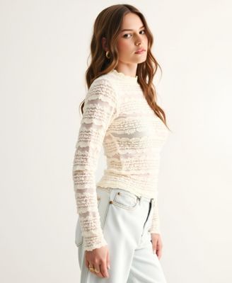 Women's Sheer Lace Scalloped Mock Neck Long Sleeve Top