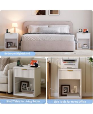 Fluted Nightstand Set of 2,Mid Century Bedside Table,Wooden End Table,Farmhouse Night Stand with 1 Drawer,Open Shelf