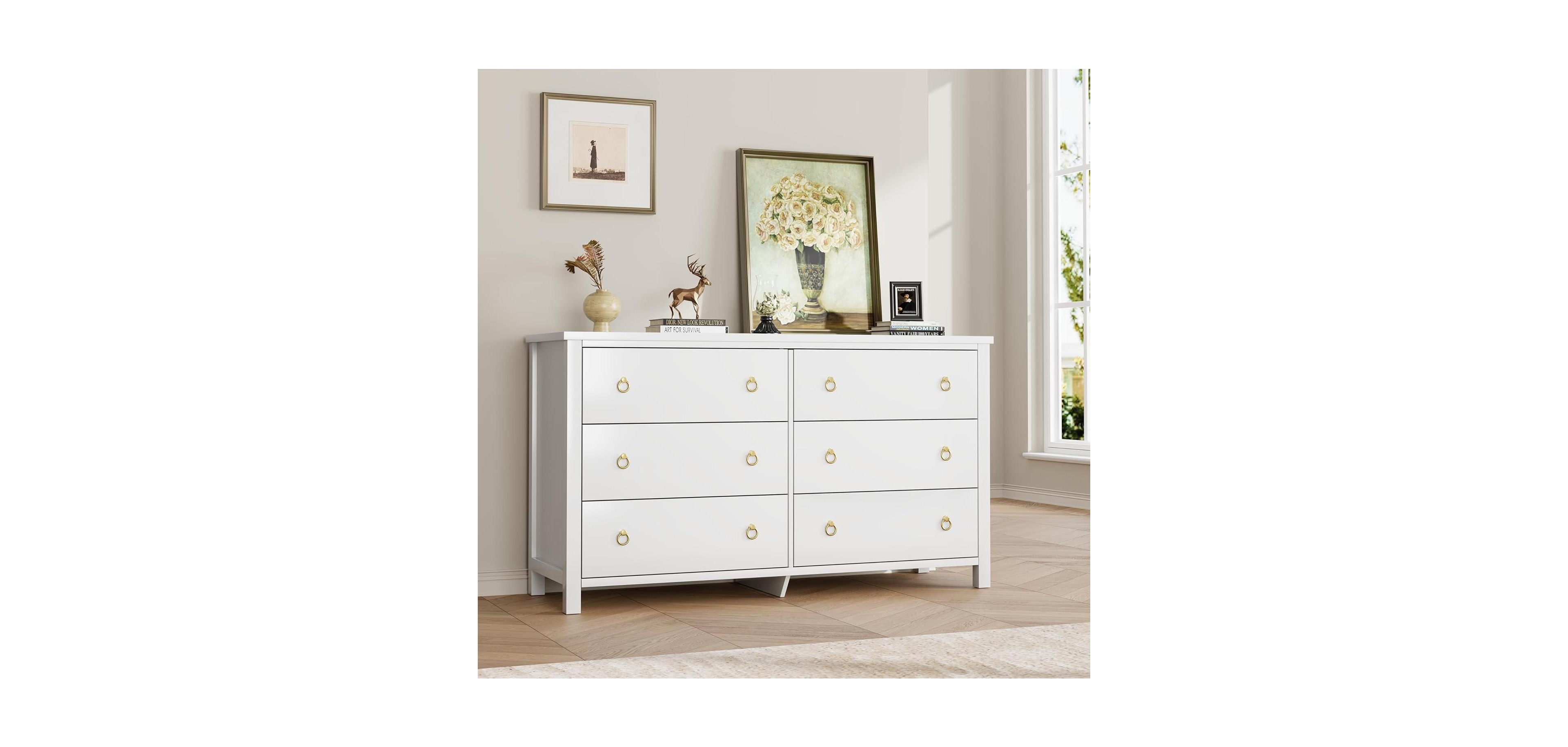 gaomon 6 Dresser for Bedroom, Modern Wide Drawer Dresser with Storage, Wooden Closet Dressers Chest of Drawers Freestanding
