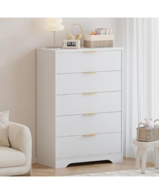 Fluted Wood Dresser 5 Drawers Dresser for Bedroom
