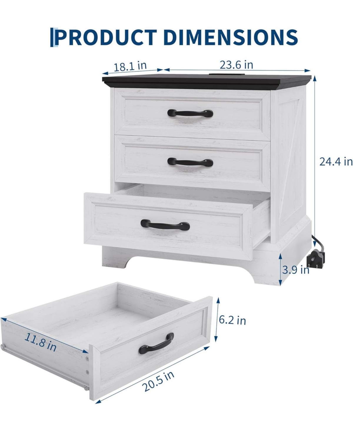 gaomon Modern Farmhouse Nightstand with Charging Station & 3 Large Drawers, Rustic End Side Table for Bedroom
