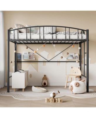 Twin Metal Loft Bed, Black, Steel Build, Curved Guardrails, Ladder, Space-Saving