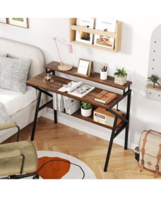 Small Space Computer Desk with Monitor Stand and Storage Shelf, Study Workstation