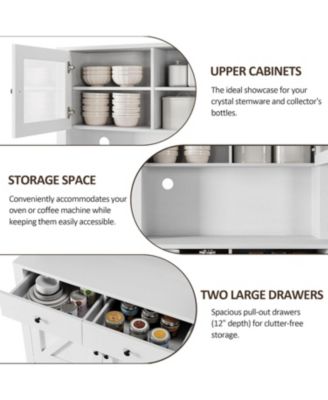 63" Tall Kitchen Pantry Cabinet with Drawers, Hutch & Glass Doors