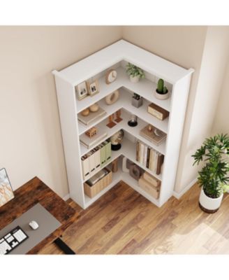 5-Tier Farmhouse Corner Bookshelf, 72.8" L Shaped Wood Display Rack, Half Panel, Living Room, Office