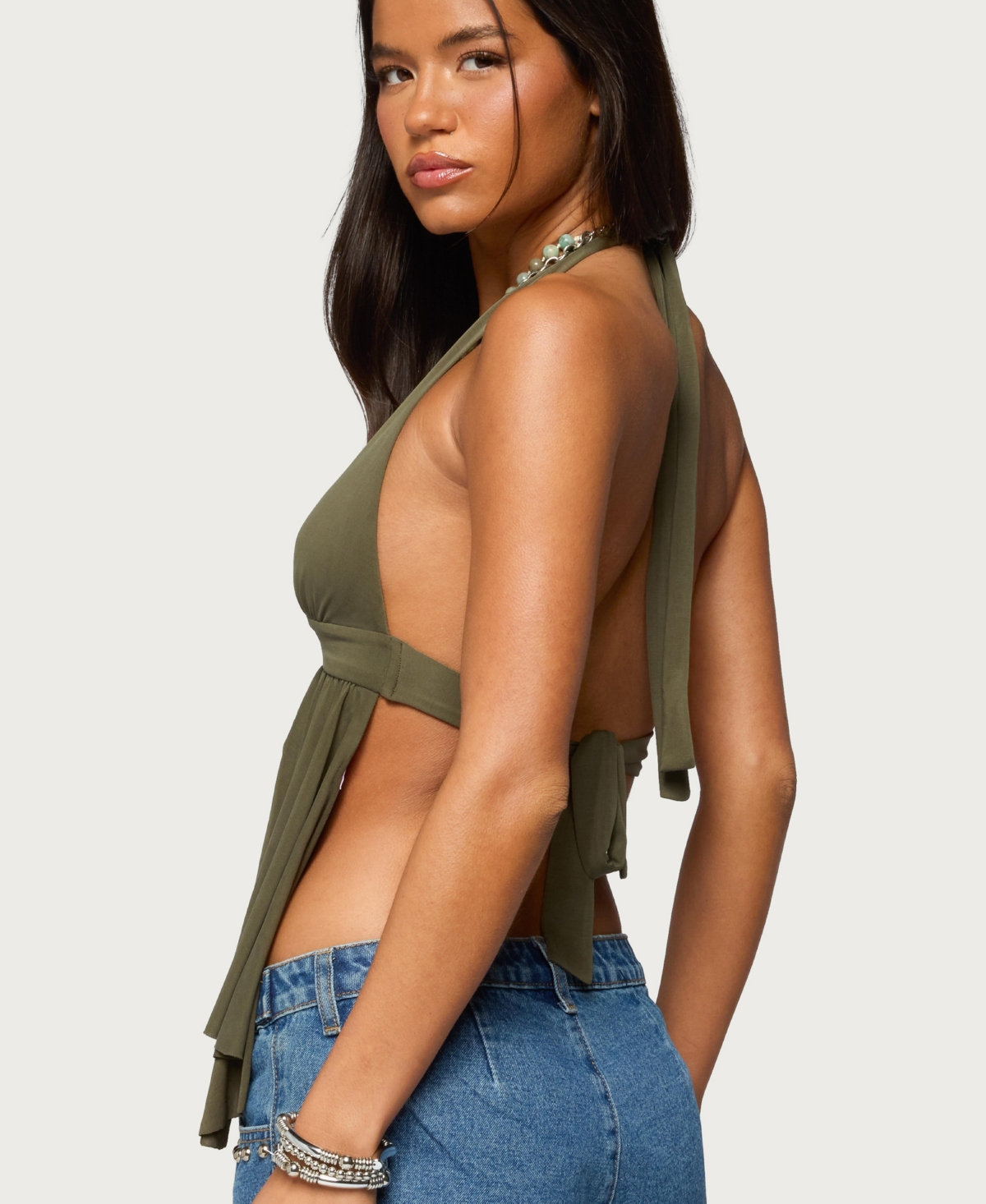 Edikted Women's Asymmetric Fringe Sheer Lace Halter Top