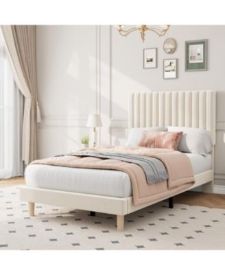 Velvet Bed Frame, Vertical Channel Tufted Headboard, Height Adjustable, Upholstered Platform Bed, No Box Spring Needed