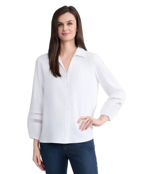 Petite Button-Front Collared Linen Top - Natural White