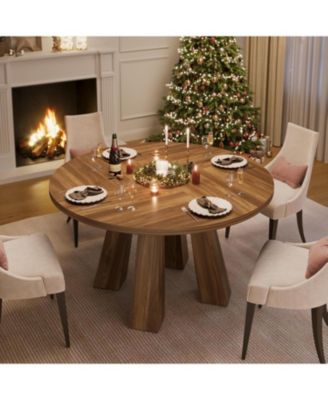 47" Round Dining Table for 4-6, Wood Kitchen Table with Sturdy Base, Farmhouse Circle Dinner Table for Dining Room, Living Room, 4 Strong Legs
