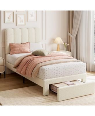 2 Sets Twin Bed Frame with Under-Bed Drawer, Upholstered Platform Bed with Wave Headboard Wooden Slats