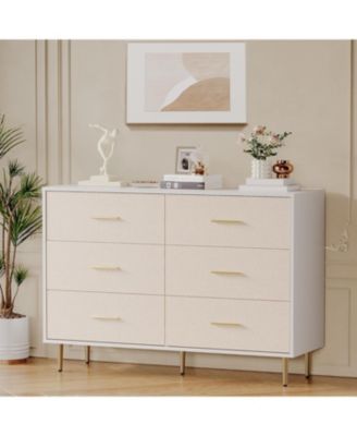 6 Drawer Dresser, Modern White Chest of Drawers with Gold Metal Legs and Handles, Large Double Wooden Dresser for Bedroom