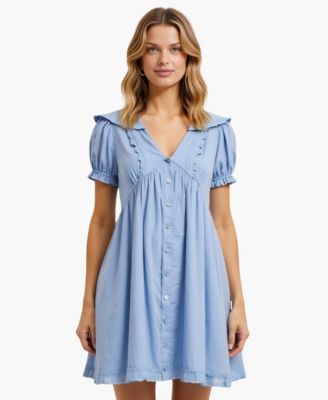 Women's Button-Front Lace-Trim Puff-Sleeve Mini Dress