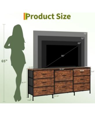 8 Drawer Fabric Dresser TV Stand with Wooden Top, Metal Frame Storage Chest, Wide Closet Orgzr for Bedroom Living Room Hallway, Natural Wood