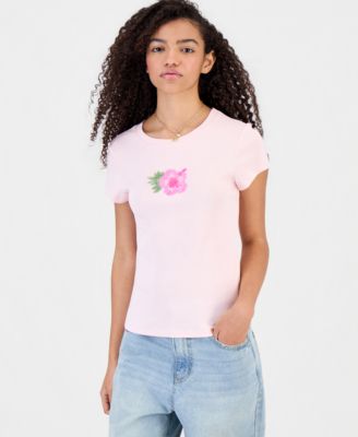 Juniors' Beaded Hibiscus Flower Short-Sleeve Tee