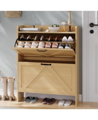 Shoe Cabinet Organizer with 2 Flip Drawers, Freestanding Narrow Shoe Rack for Entryway, Freestanding Hidden Shoe Storage Cabinet for Entryway