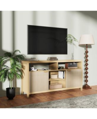 Fluted TV Stand for 65 in TV, Mid Century Modern Entertainment Enter with Storage, Slim Tall Wood Media Console Table for Living